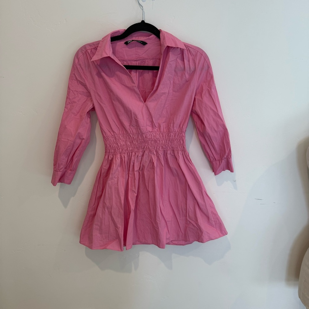 Zara Pink Poplin Mini Shirt Dress Womens XS Casual Feminine Girly Contemporary